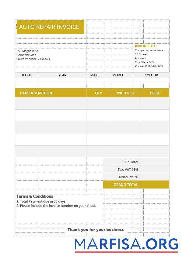 Blank Sample Auto Repair Invoice Template